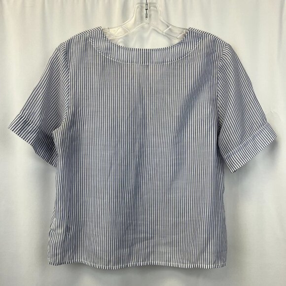 A New Day Womens Blue White Striped Short Sleeve Cropped Blouse Top Size Small - Picture 2 of 9